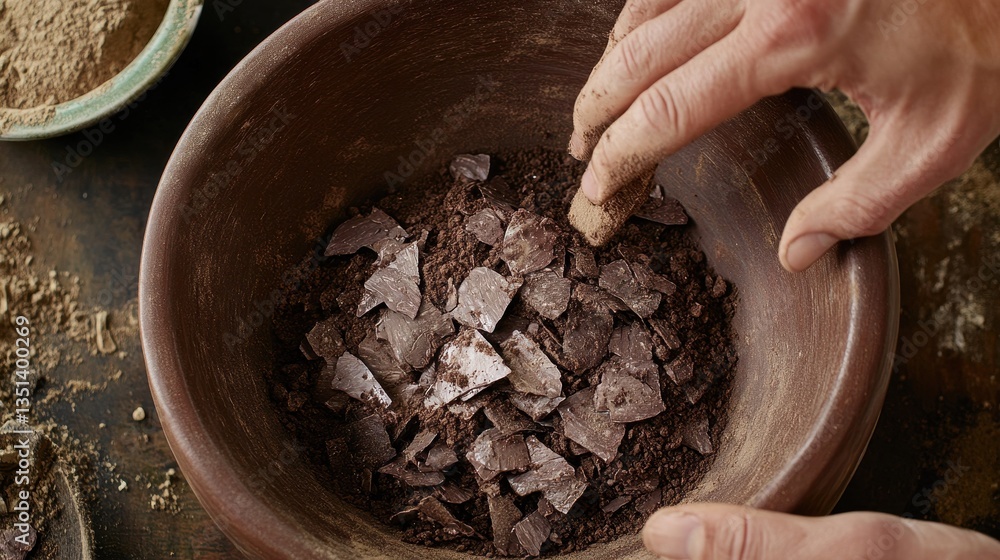 Hands mix chocolate shards and powder in rustic bowl. Use this image to show baking, confectionery, or cooking. Hands mix chocolate shards and powder in rustic bowl. Use this image to show baking, confectionery, or cooking.
