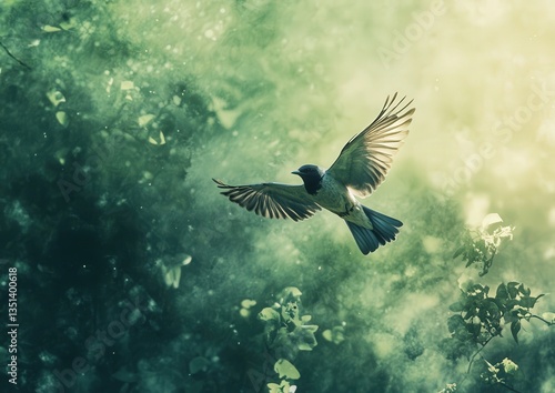 A blue and white bird flies against a green background