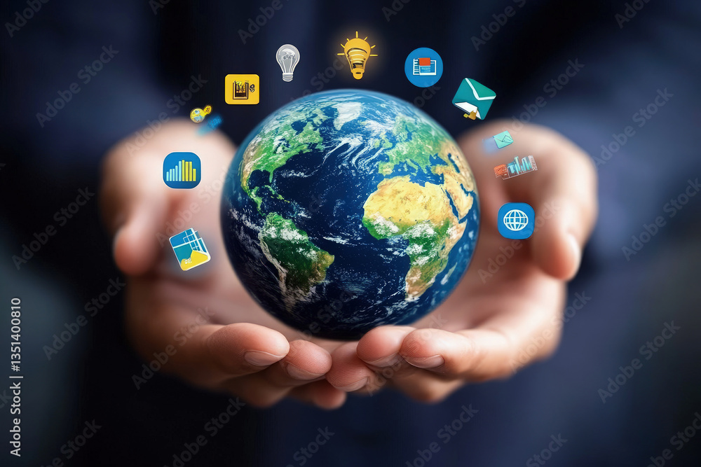Global Connectivity Hands Holding Earth with Digital Icons Global Connectivity Hands Holding Earth with Digital Icons
