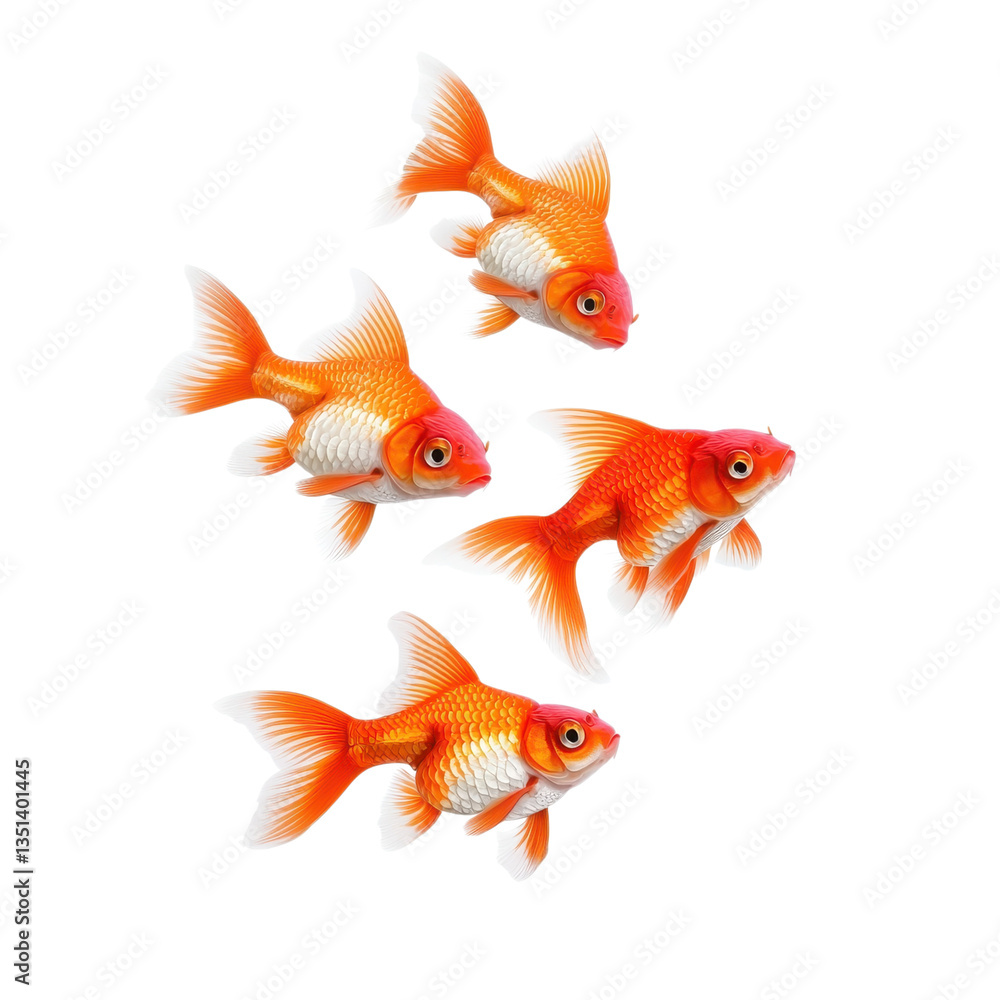 Four goldfish swimming on a transparent background. Concept of pets, aquariums, and underwater life. Four goldfish swimming on a transparent background. Concept of pets, aquariums, and underwater life.