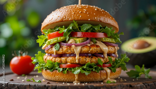 ultra big burger, patty , focus on the delicious beef meat with sesame salad in restaurant kitchen close up