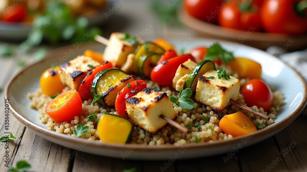 Delicious Paneer Skewers with Vegetables on a Bed of Couscous, a Culinary Delights Delicious Paneer Skewers with Vegetables on a Bed of Couscous, a Culinary Delights