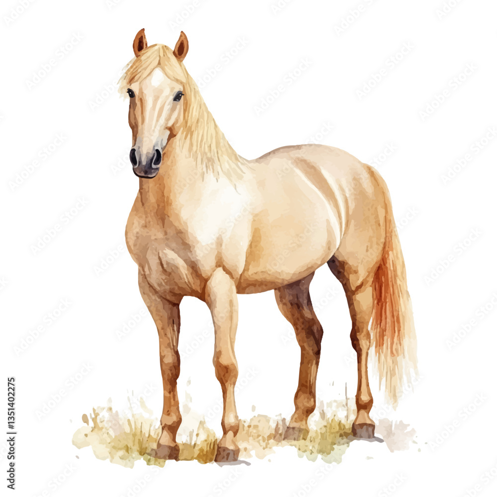 Obraz premium A watercolor realistic, clean, and simple clipart of a beige horse on a white background