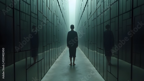 Man walking down a dark, modern hallway, conceptual of mental state, eerie and surreal atmosphere
