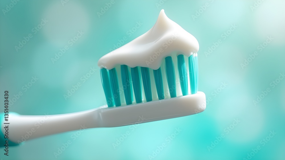 Macro Closeup of a Toothbrush with Paste for Oral Hygiene and Teeth Cleaning on Light Turquoise Background Macro Closeup of a Toothbrush with Paste for Oral Hygiene and Teeth Cleaning on Light Turquoise Background