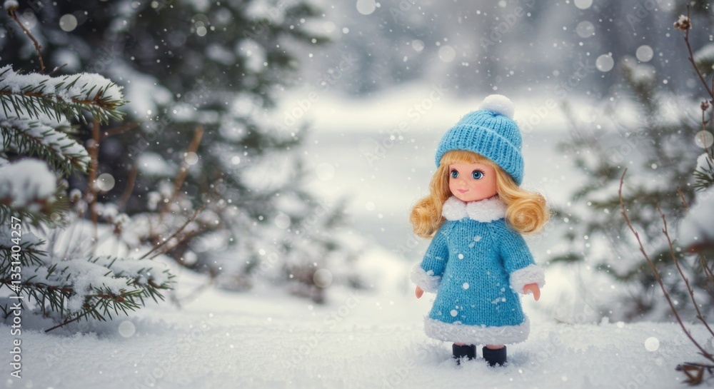 Doll Standing in Snowy Winter Landscape with Pine Trees Falling Snow Doll Standing in Snowy Winter Landscape with Pine Trees Falling Snow