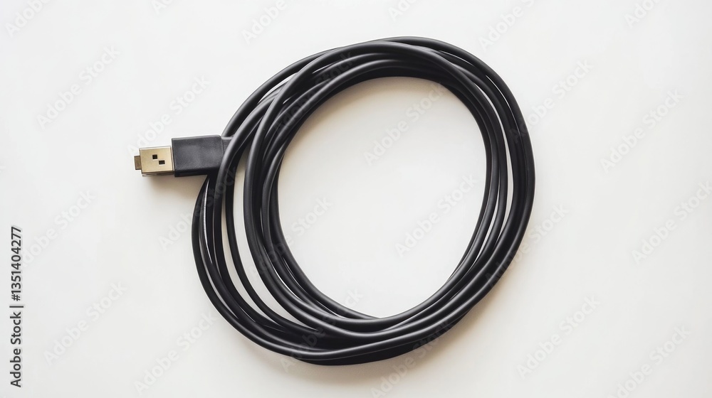 Close-up shot of a USB cable on a white background, ideal for technology and electronics concepts Close-up shot of a USB cable on a white background, ideal for technology and electronics concepts