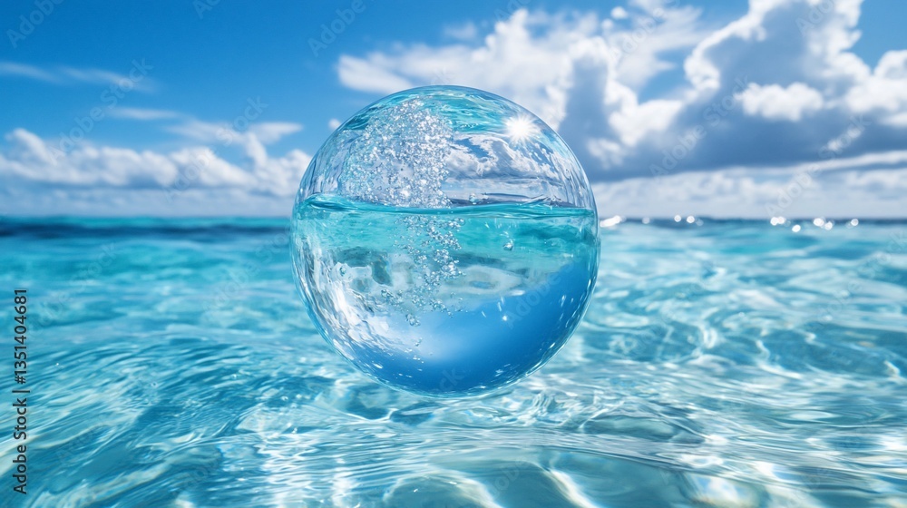 A crystal clear sphere of water floats above the ocean on a bright sunny day A crystal clear sphere of water floats above the ocean on a bright sunny day