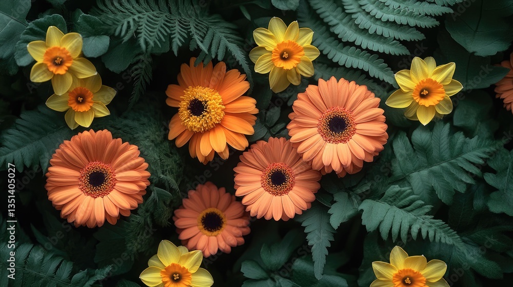 Spring flowers, fern backdrop, flatlay, nature, design Spring flowers, fern backdrop, flatlay, nature, design