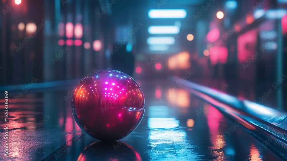 Neon lit sphere reflecting city lights on a wet surface creates a vibrant scene Neon lit sphere reflecting city lights on a wet surface creates a vibrant scene
