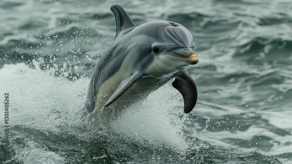 Fototapeta premium Oceanic dolphin leaping, rough sea, wildlife, background waves