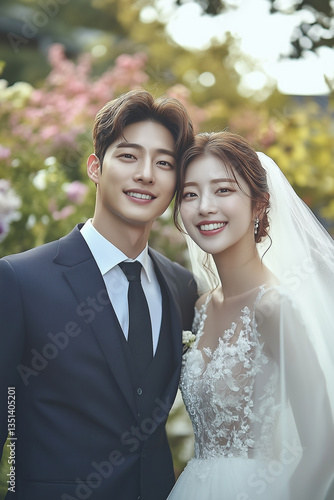 Photoshoot of wedding photo of beautiful young Korean couple, surrounded by blooming cherry blossoms. Bridal concept. Marriage ceremony.