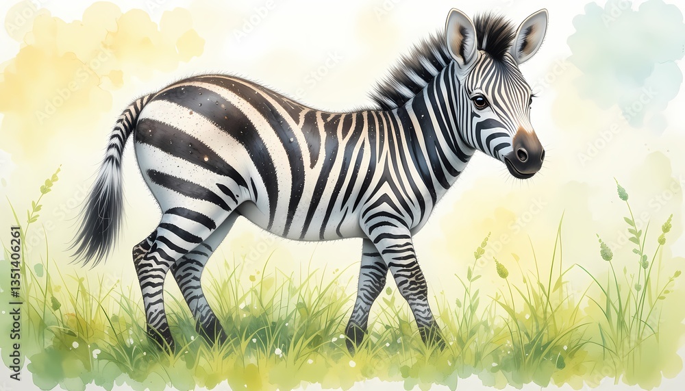 Naklejka premium Striped Zebra in Grassland, A young zebra walking in a grassy field.