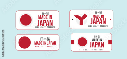 Set of Made in Japan labels and icons. Japan Made icons, stickers and logos set. Japanese Product Stickers. Premium quality manufacturing emblem. Vector illustration.