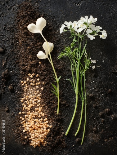 A pair of white flowers sit on the dirt ground, surrounded by natural beauty