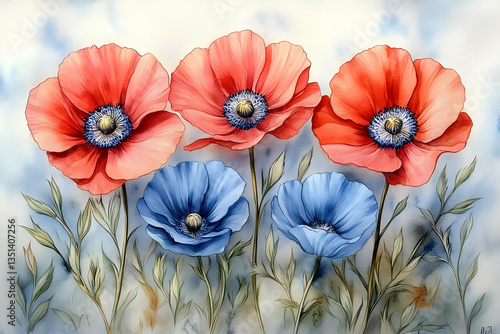 Watercolor Painting Of Red And Blue Poppies
