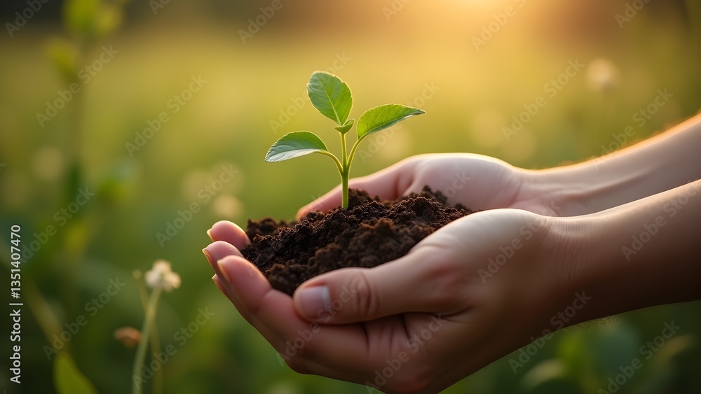 Fototapeta premium Hands gently holding a tiny green plant, conveying growth, new life, and environmental care.