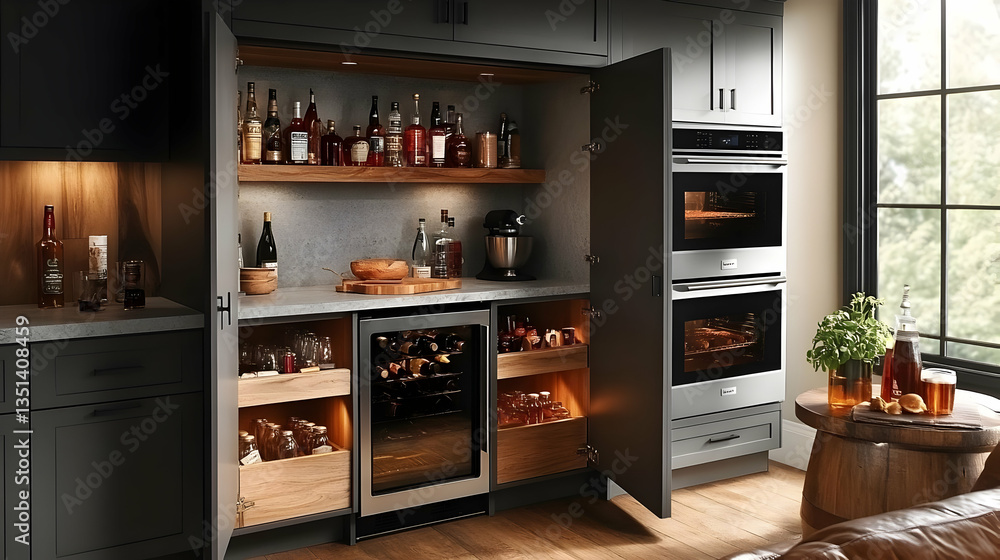 Modern Dark Kitchen Bar With Wine Cooler And Wood Shelving Modern Dark Kitchen Bar With Wine Cooler And Wood Shelving