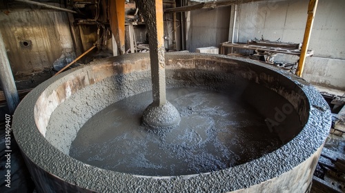 Industrial mixer blends concrete inside a circular, weathered mixing tank. Use for construction, manufacturing, or infrastructure concepts.