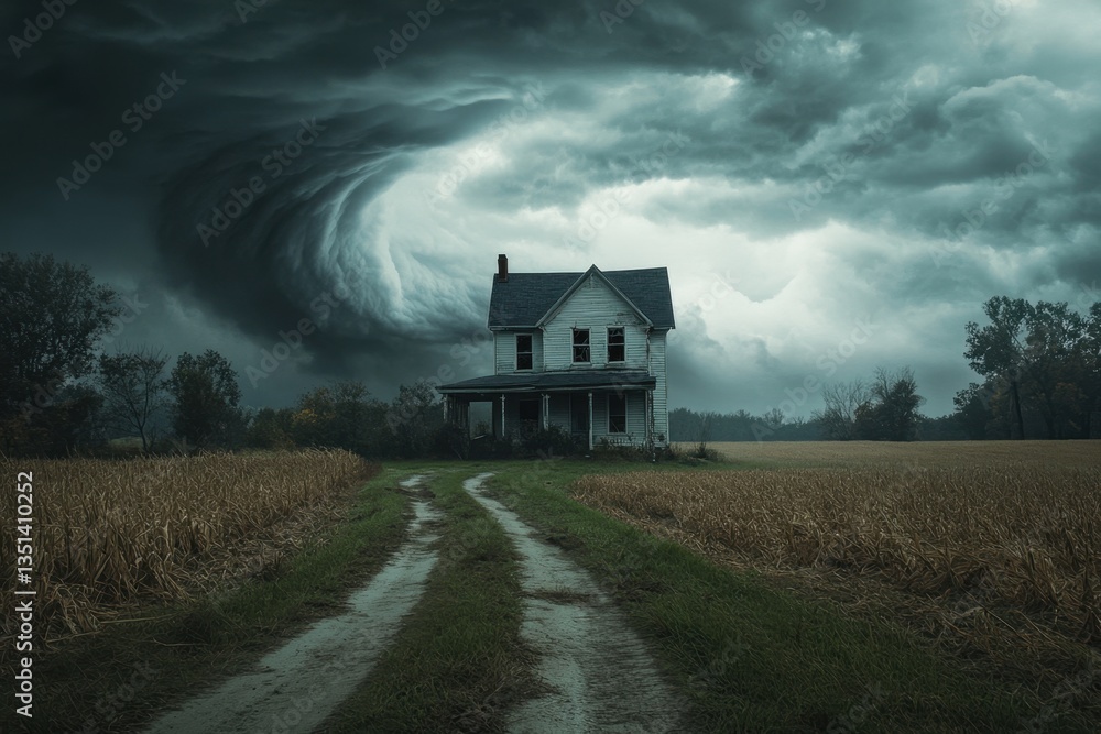 Doomsday's Embrace: A haunting scene where a rural house stands in the ominous path of a looming tornado, depicting the raw power of nature and the vulnerability of human shelter. Doomsday's Embrace: A haunting scene where a rural house stands in the ominous path of a looming tornado, depicting the raw power of nature and the vulnerability of human shelter.