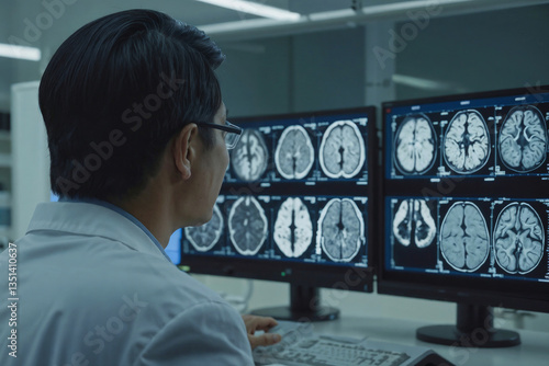 Back view of Asian neurologist man is looking at a computer monitor with three screens displaying different images. He is wearing a white lab coat and glasses