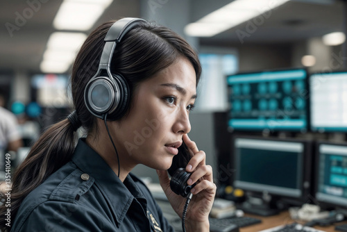Face of Asian female police officer in a call center 911 operator talking on the phone in a busy police office environment
