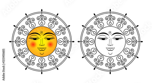 Sri Lankan Traditional Sun Face line art drawing. South Asian antique style design. Sun faces ornaments. Sinhala Tamil new year elements. 