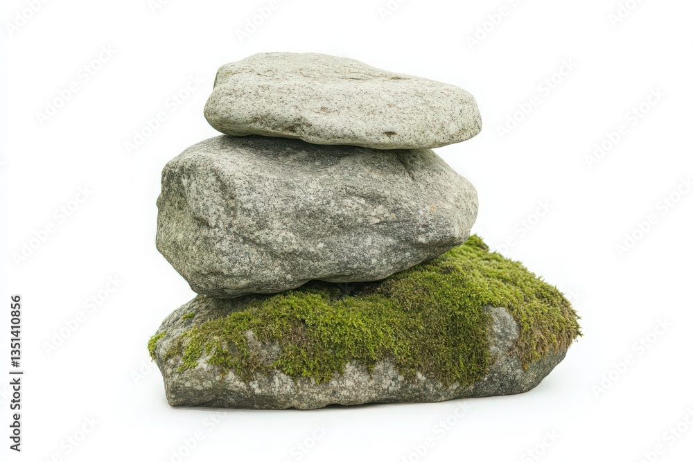 Stacked Gray Rocks with Green Moss on White Background Stacked Gray Rocks with Green Moss on White Background