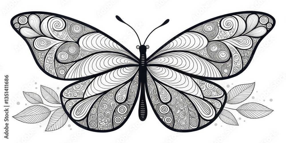 Fototapeta premium detailed black and white drawing of a butterfly with intricate patterns filling its wings for websites and blogs about art, coloring books, nature, or insect illustrations