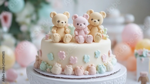 Cute pastel cake decorated with teddy bears perfect for a baby shower or birthday