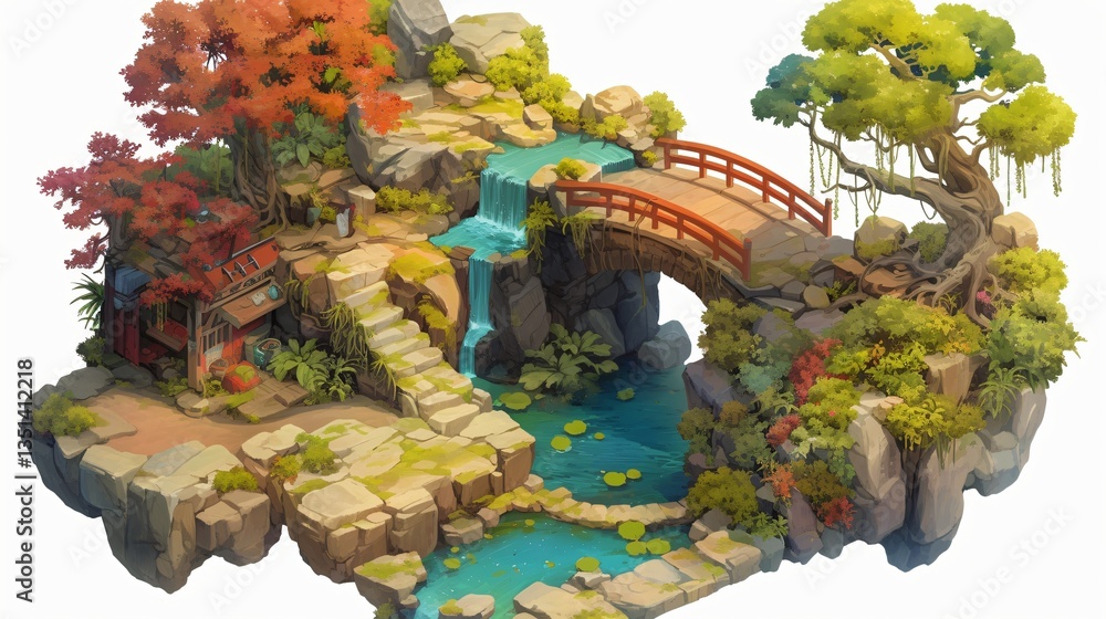 Obraz premium An isometric view of a fantasy landscape featuring a bridge, waterfall, and vibrant plants.