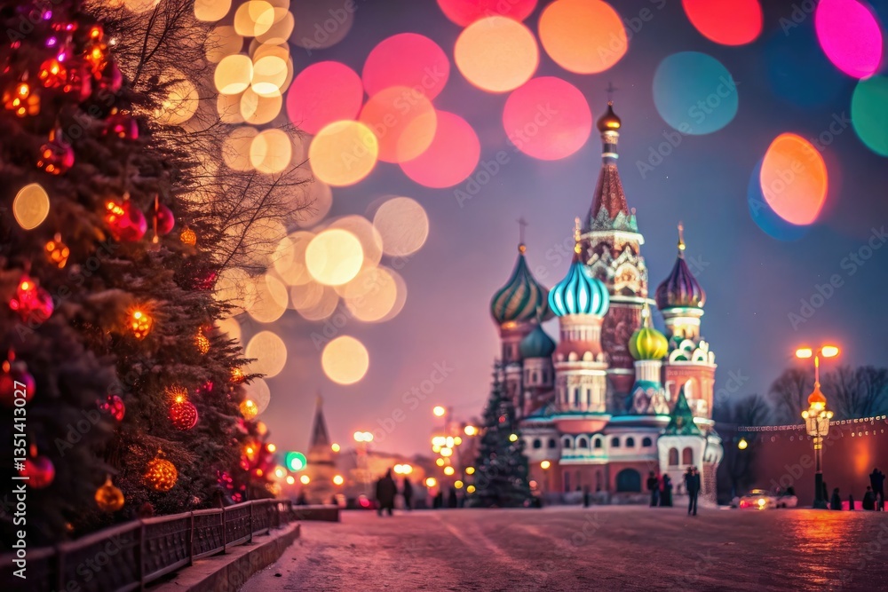 Obraz premium Colorful Lights Illuminate St. Basil's Cathedral in Winter Generative AI