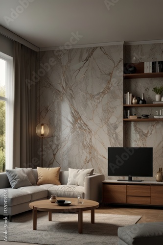 Modern living room with marble accent wall