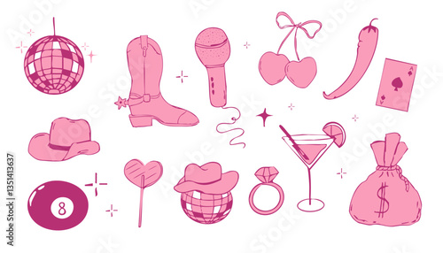 Wild west coquette y2k bachelorette cowgirl party collection, western pink rodeo doodle with retro disco elements. Hat, heart and boots.