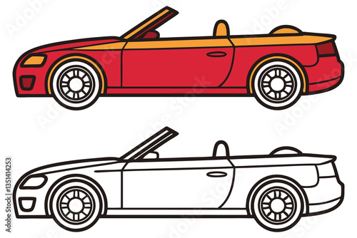 Red and White Convertible Sports Car Coloring Page Illustration Two Views Side Profile