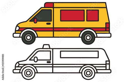 A yellow ambulance and its coloring page version are shown in this illustration of emergency vehicles