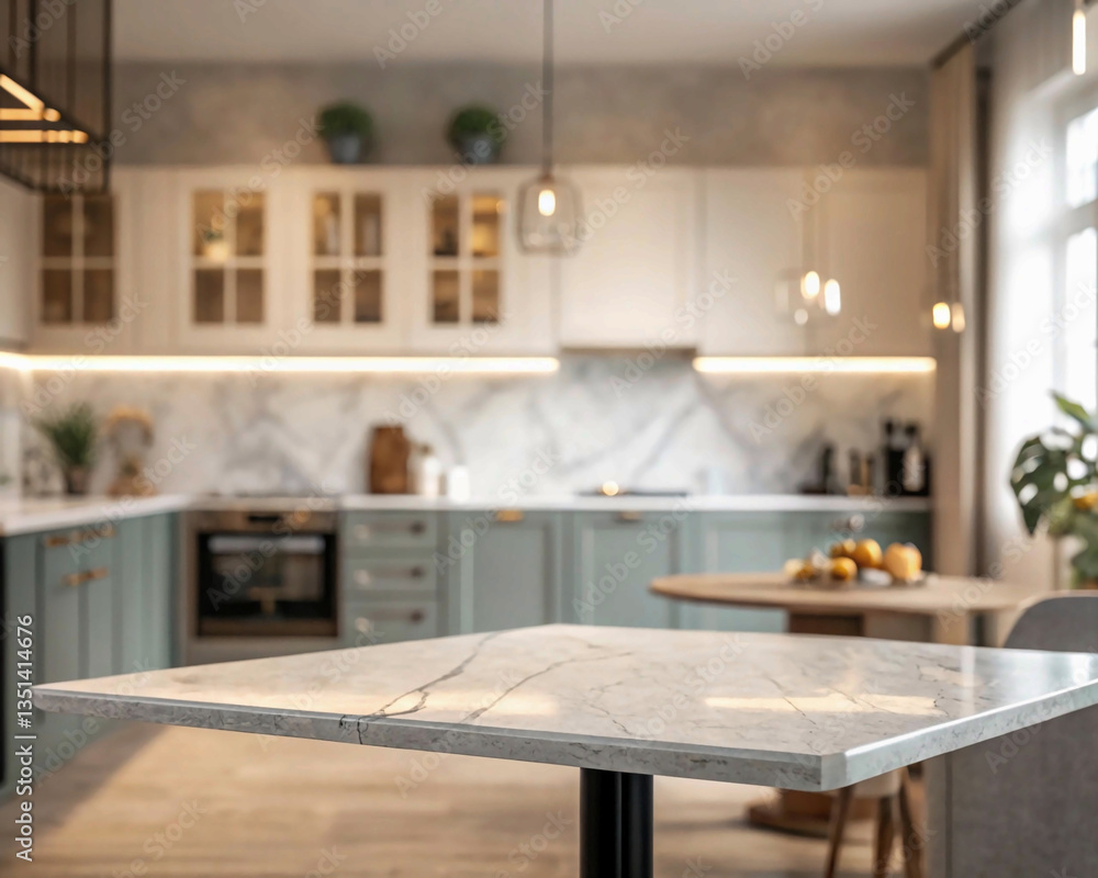 Table top and blurred kitchen room as background Table top and blurred kitchen room as background