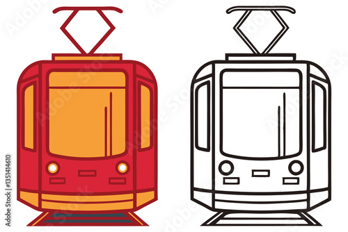 A Colorful Illustration of a Modern Streetcar or Tram Depicted in Two Versions One Red and Orange and the Other in Black Outline