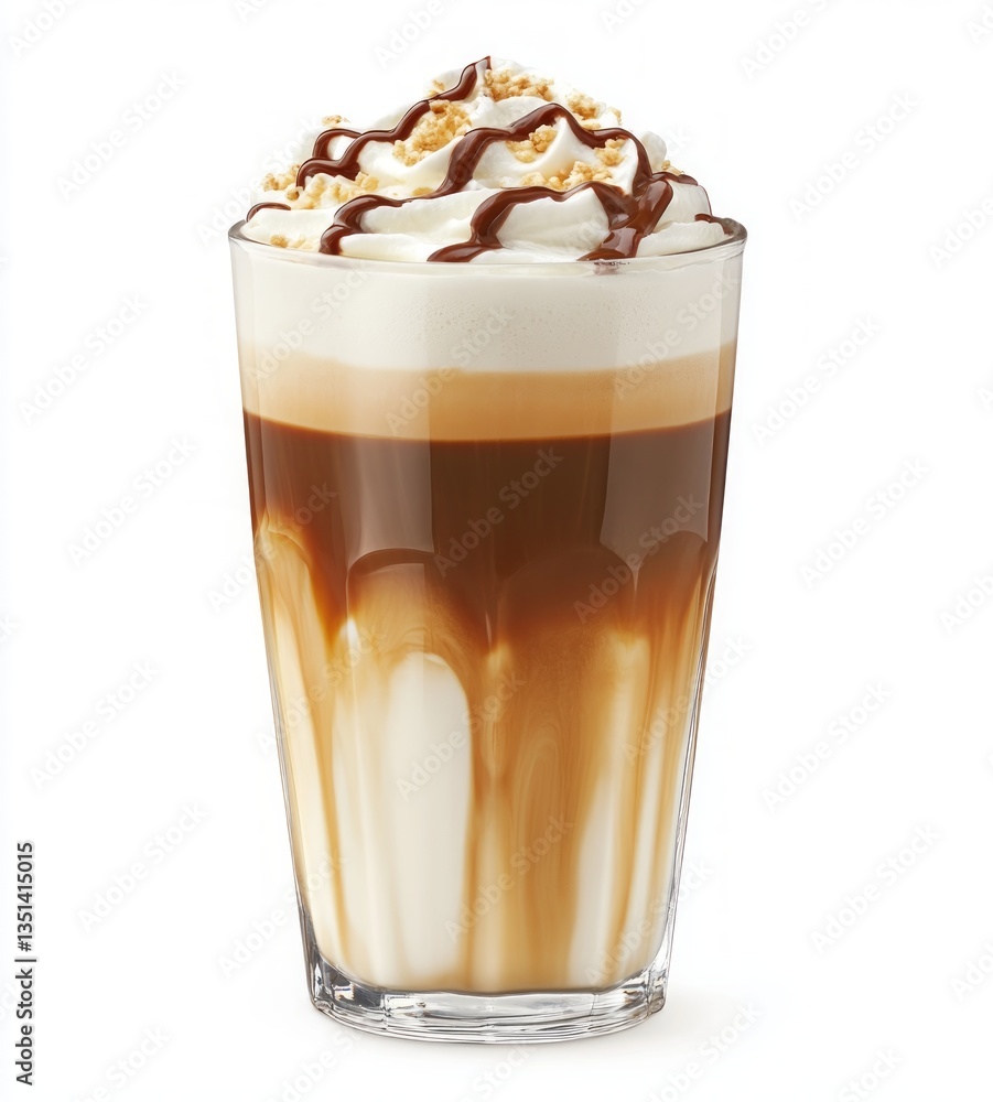 A smooth-edged tall glass of cold coffee with cream on top, white background, hyper-photorealistic appearance, no text or logo. The drink is brown, with white A smooth-edged tall glass of cold coffee with cream on top, white background, hyper-photorealistic appearance, no text or logo. The drink is brown, with white