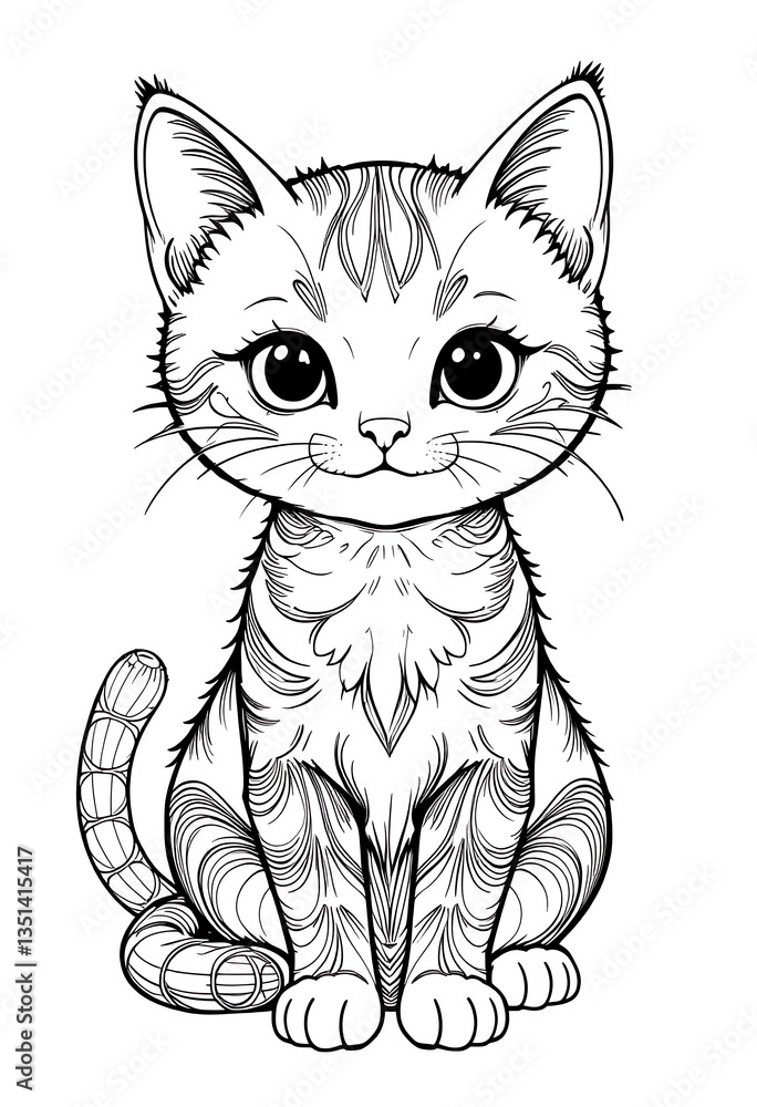 Obraz premium Adorable Kitten with Intricate Line Art Details Sitting Upright, Featuring a Cute Face, Big Eyes, and Whimsical Patterns for Coloring Book or Illustration Purposes