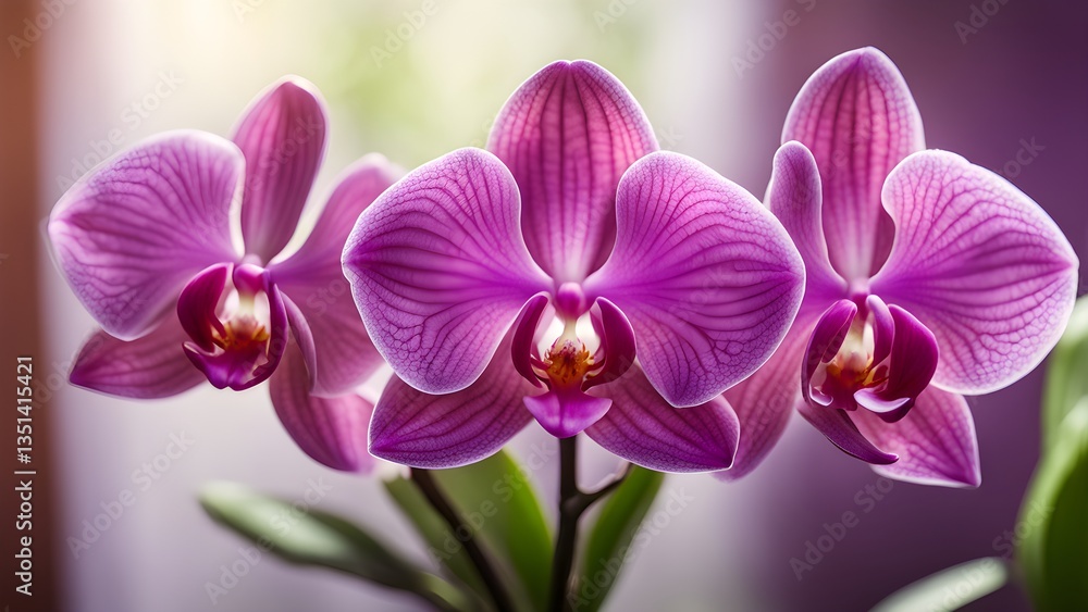 Obraz premium Close-up shot three vibrant purple phalaenopsis orchids bloom.