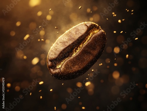 A single roasted coffee bean flying through a dark background, trailing glowing golden particles, dynamic motion blur, cinematic lighting, rich brown and gold tones, 