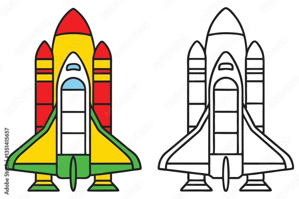 Colorful Space Shuttle and Black and White Outline Drawing for Kids Coloring Book Colorful Space Shuttle and Black and White Outline Drawing for Kids Coloring Book