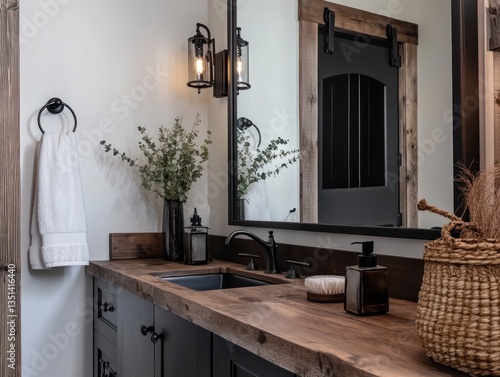 Luxury farmhouse bathroom decor with rich black accents, featuring a mix of rustic and modern elements. A black-framed mirror, dark fixtures, and wooden textures come together to create an elegant  