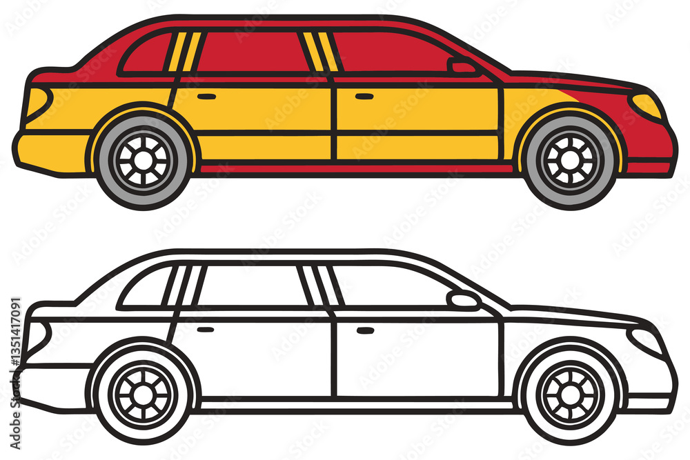 Two illustrations of a limousine one colored red and yellow the other a black and white outline Two illustrations of a limousine one colored red and yellow the other a black and white outline
