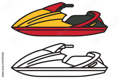 A Colorful Illustration of a Jet Ski Personal Watercraft with a Second Outline Version