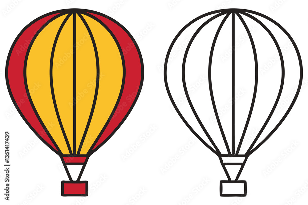 Naklejka premium A Colorful Hot Air Balloon and its Coloring Page Outline Illustration for Children's Activities