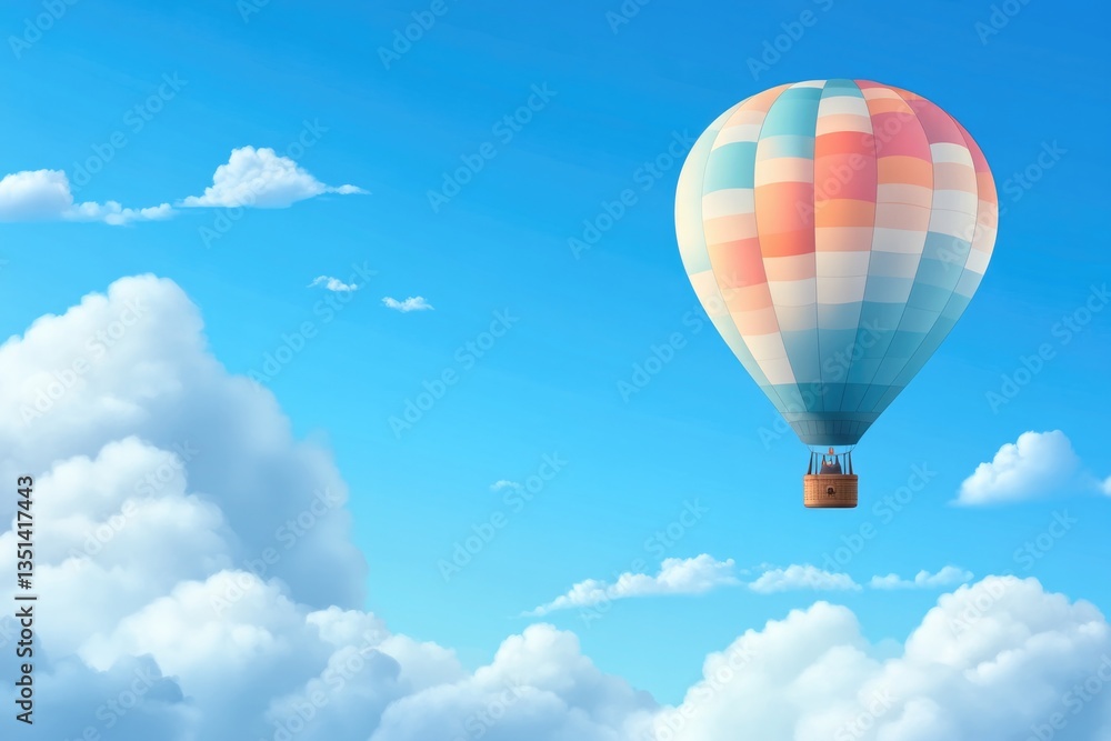 Fototapeta premium vibrant illustration of multicolored hot air balloon floating through serene blue sky with fluffy white clouds incorporating