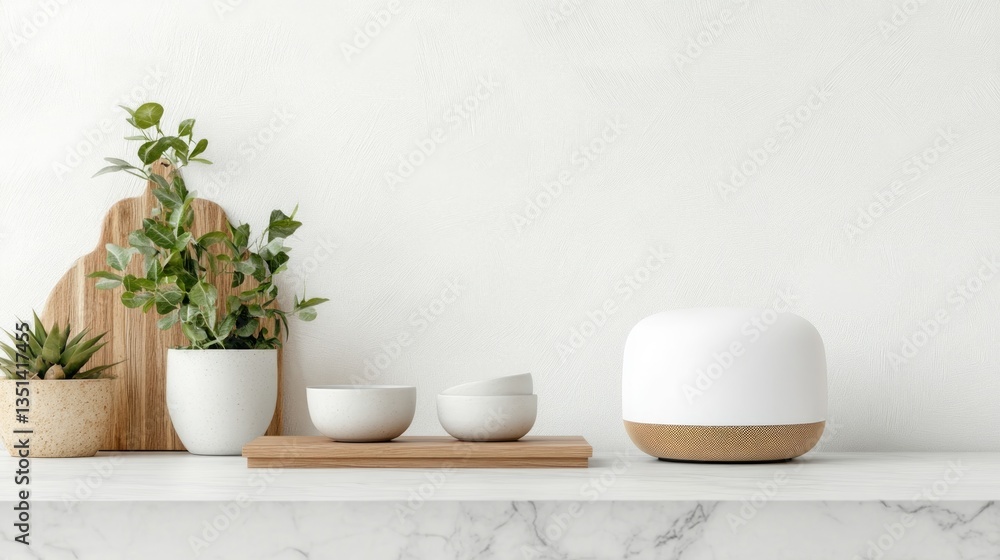 Fototapeta premium A sleek smart device sits alongside minimalist decor, including plants and ceramics, showcasing the harmony between technology and nature in contemporary interiors