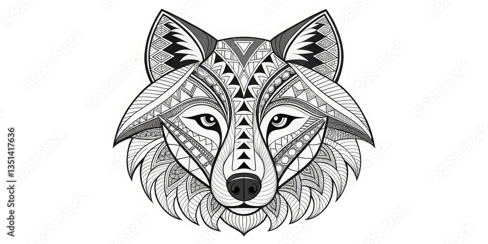 Fototapeta premium Monochrome illustration of a wolf head decorated with intricate geometric, tribal, and zentangle patterns. Use for tattoo blogs, design projects, and apparel art.